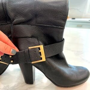 CHLOE mid calf black embossed leather round toe block heel moto boots size 37